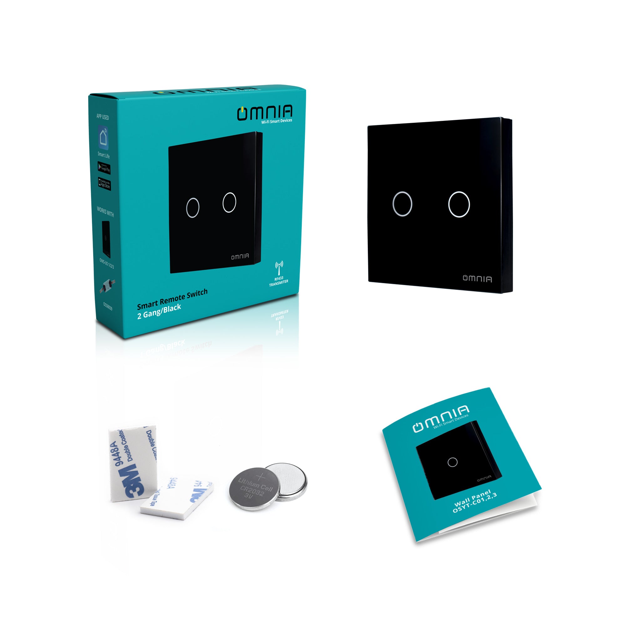 Apagador (Auxiliar) Omnia Inalámbrico RF Negro- 2 Vías