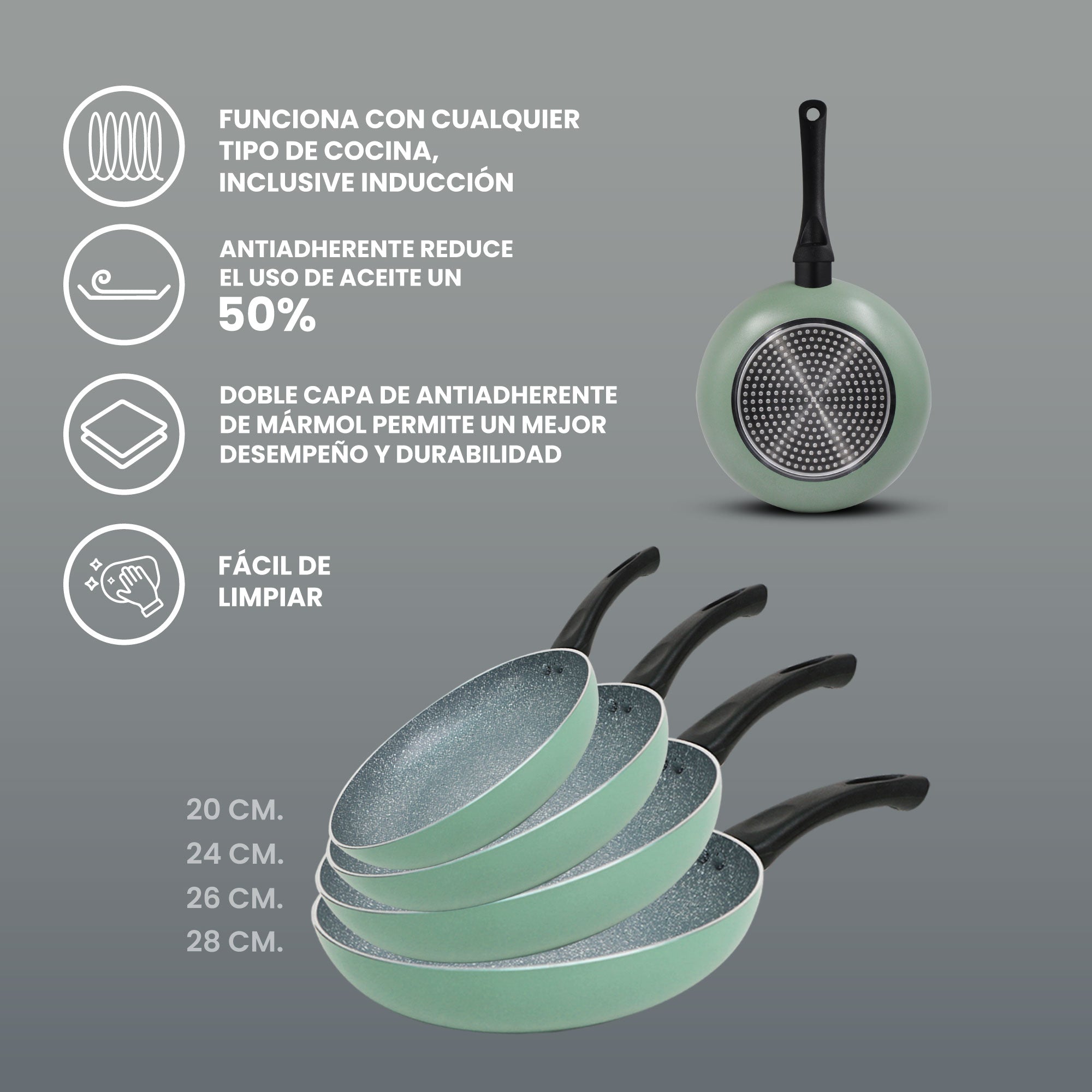 Set de Sartenes Monix Inducción Clásica Mármol Verde -4pzs