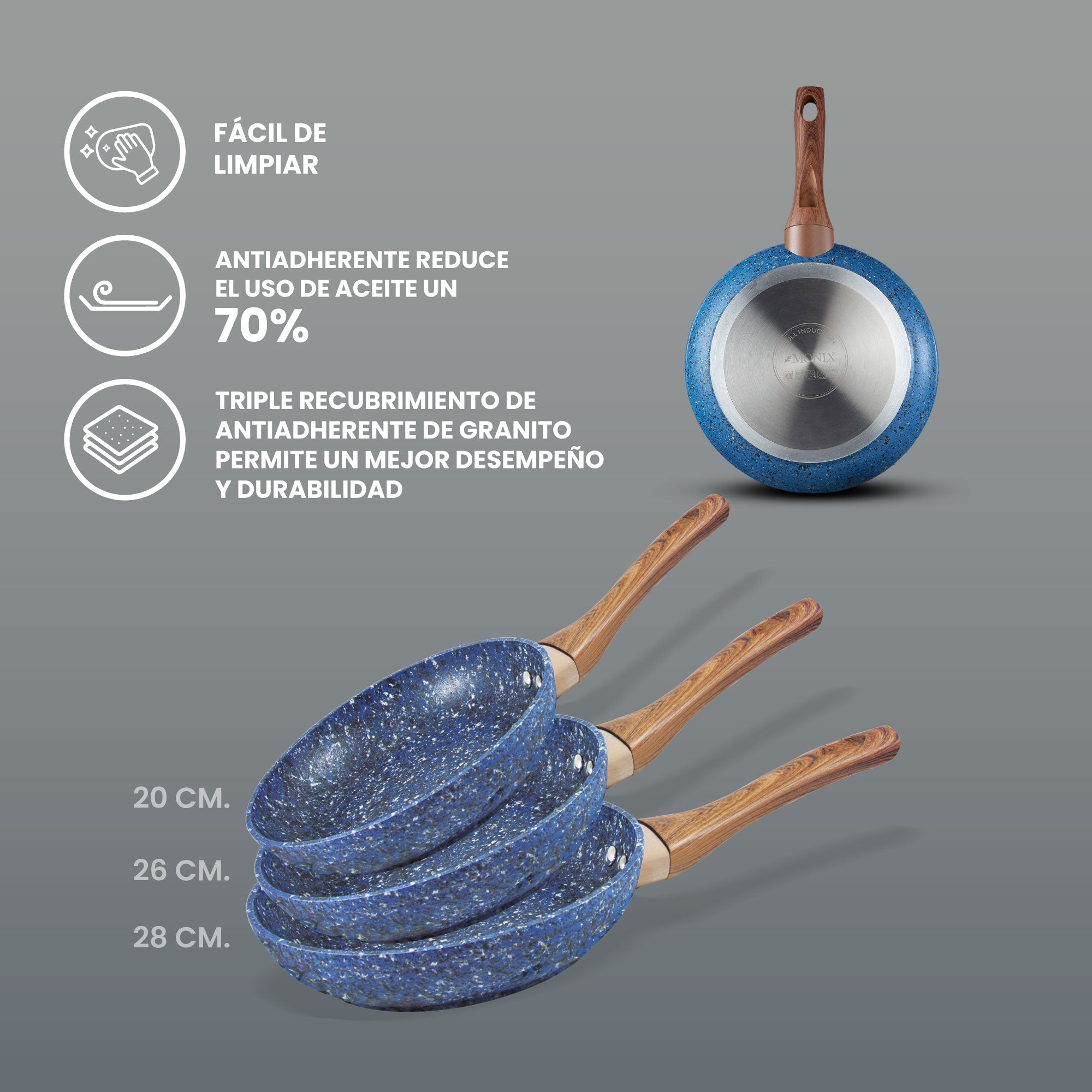 Set de Sartenes Monix Granito Azul - 3pzs