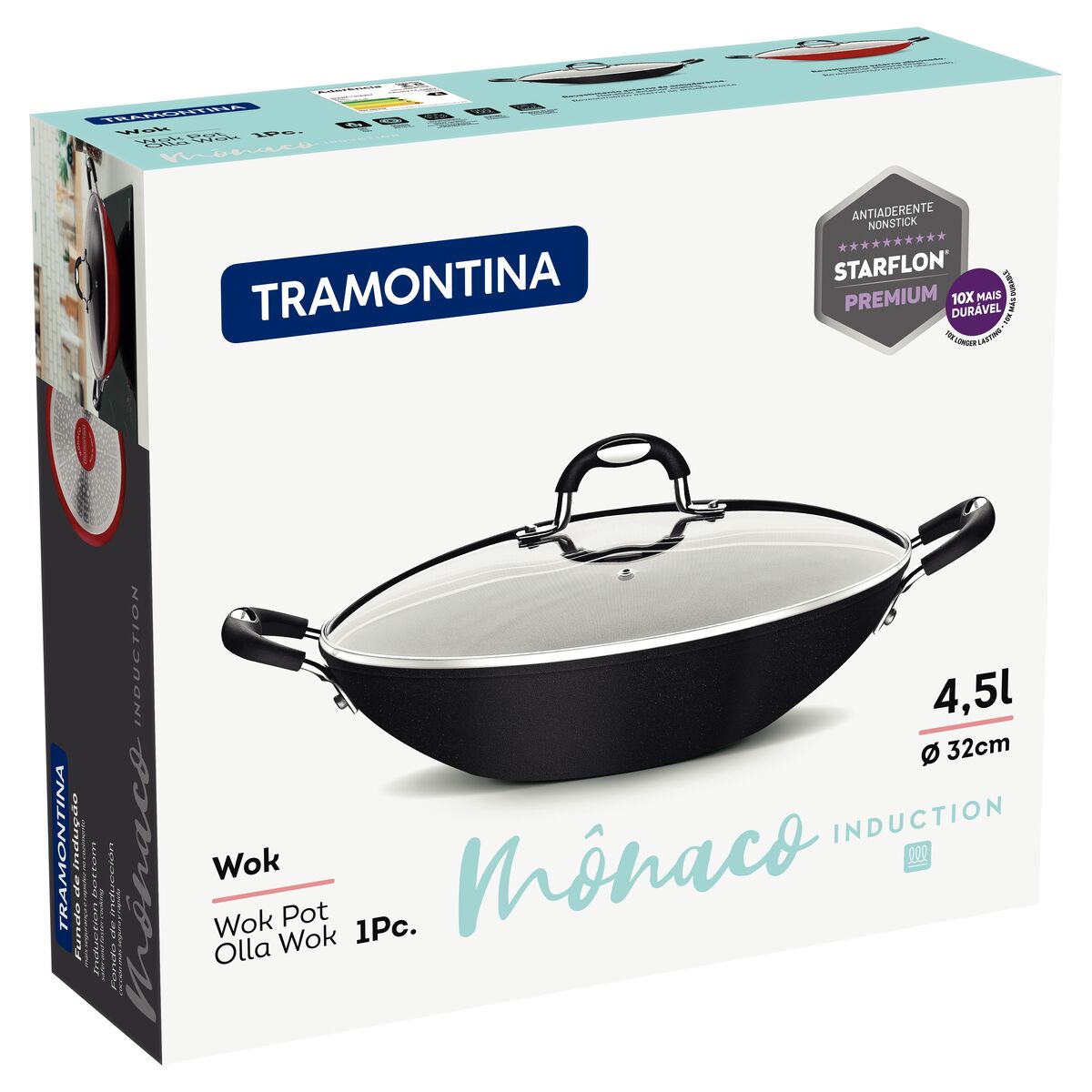 Wok con Tapa Tramontina Mônaco Antiadherente Starflon Premium Negro- 32cm