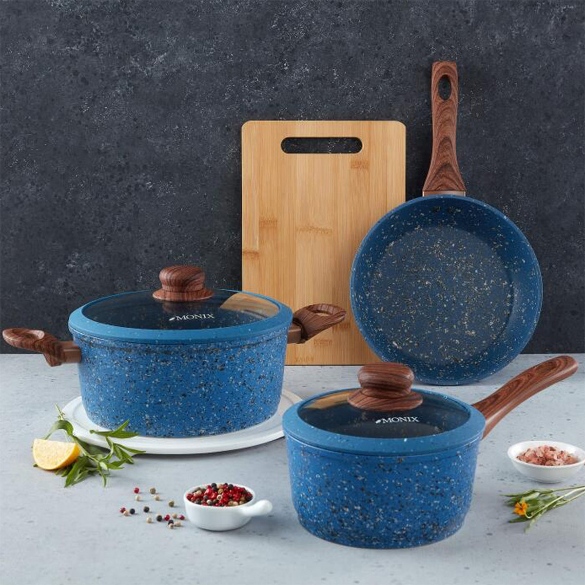 Juego de Ollas Monix Granito Azul- 6 Pzs