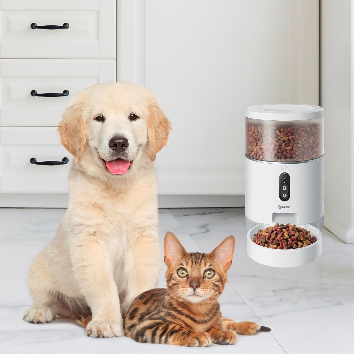 Dispensador Wi-Fi de alimento para mascotas Steren Cámara FHD Grabador de voz-4L